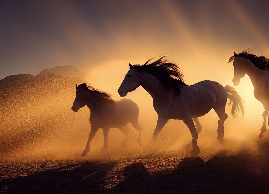 Silhouette of running wild horses in dunes